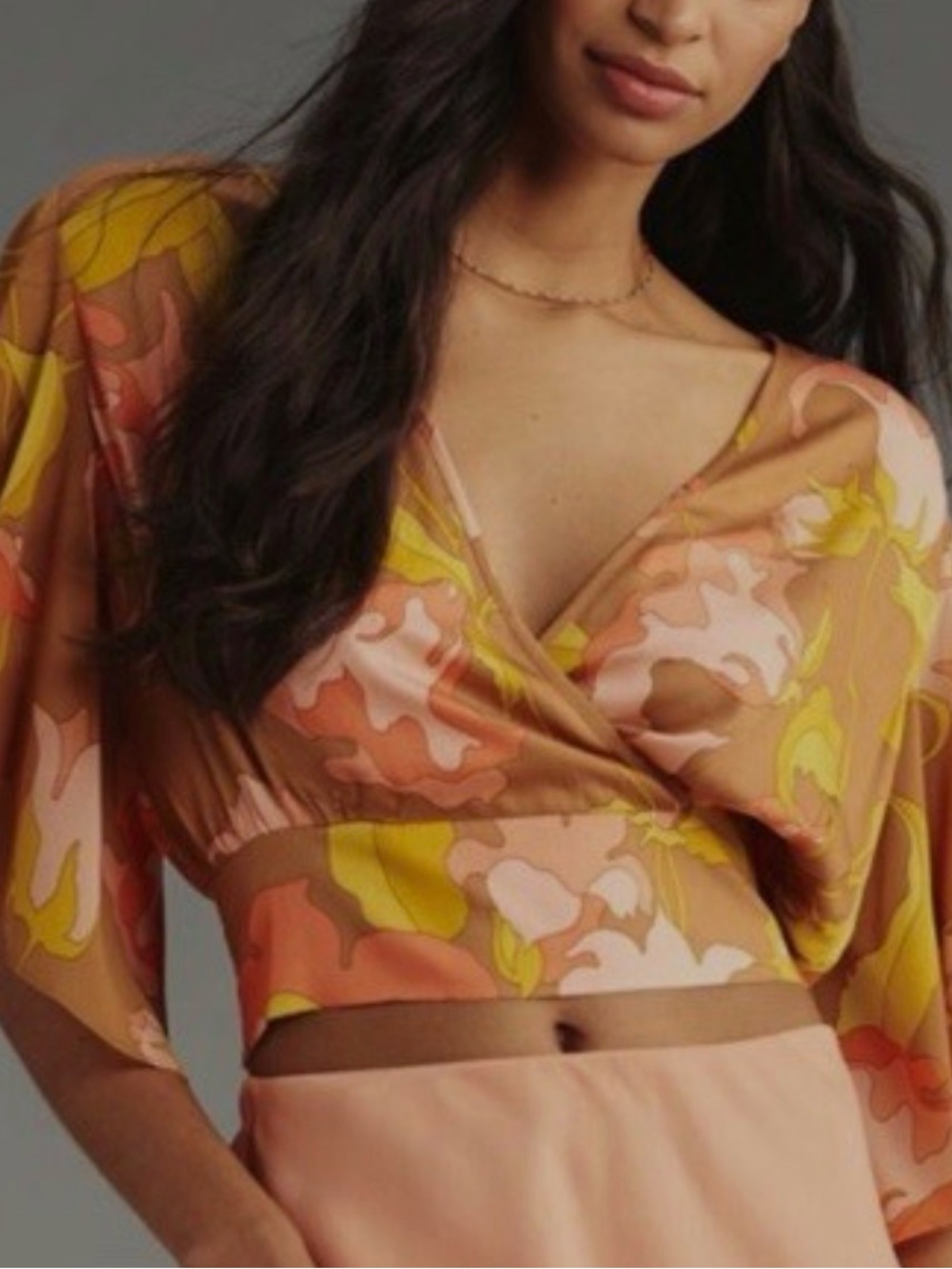 Anthropologie Tiny  Floral Wrap Crop Top in Brown and Coral - Women's Top